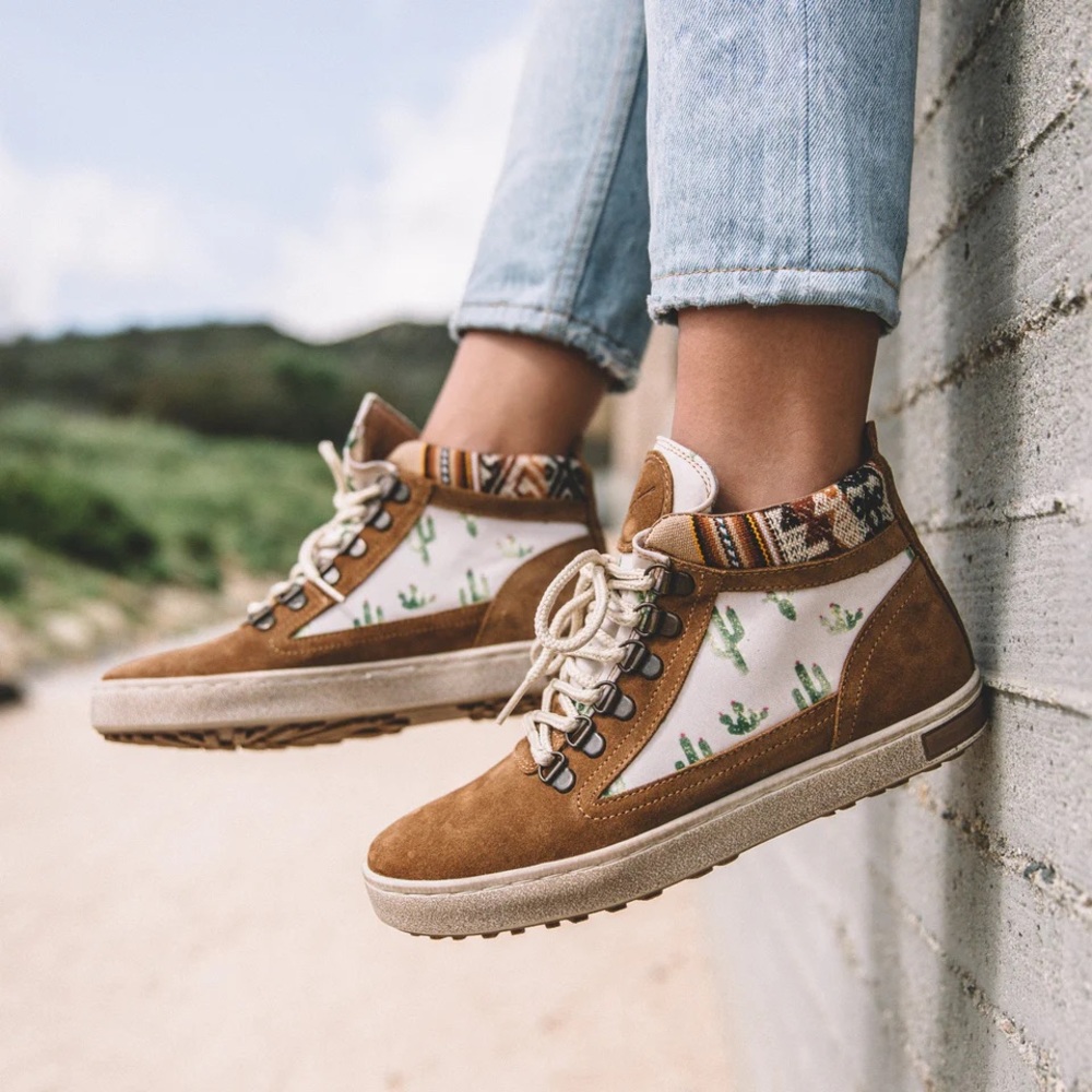 inkkas Brown and White Suede High-Top Sneakers with Cactus Print